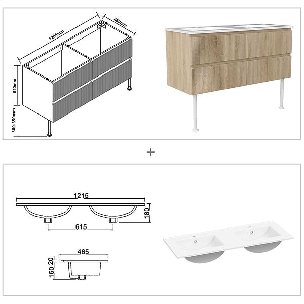 AICA SANITAIRE - Meuble de salle de bain suspendu Strié 120cm avec pieds + double vasque + 4 tiroirs, Chêne - large