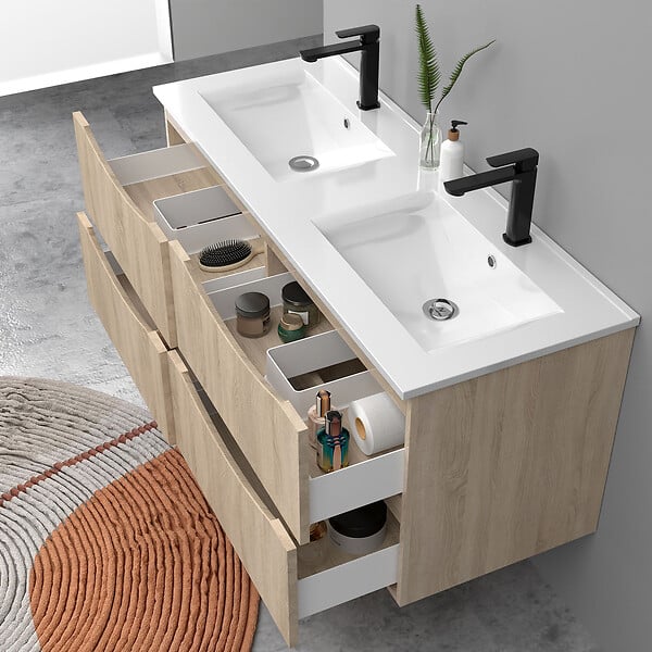 AICA SANITAIRE - Meuble de salle de bain suspendu 120cm avec double vasque + 4 tiroirs, Chêne - large