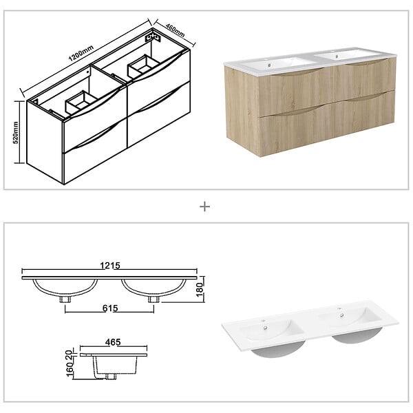 AICA SANITAIRE - Meuble de salle de bain suspendu 120cm avec double vasque + 4 tiroirs, Chêne - large