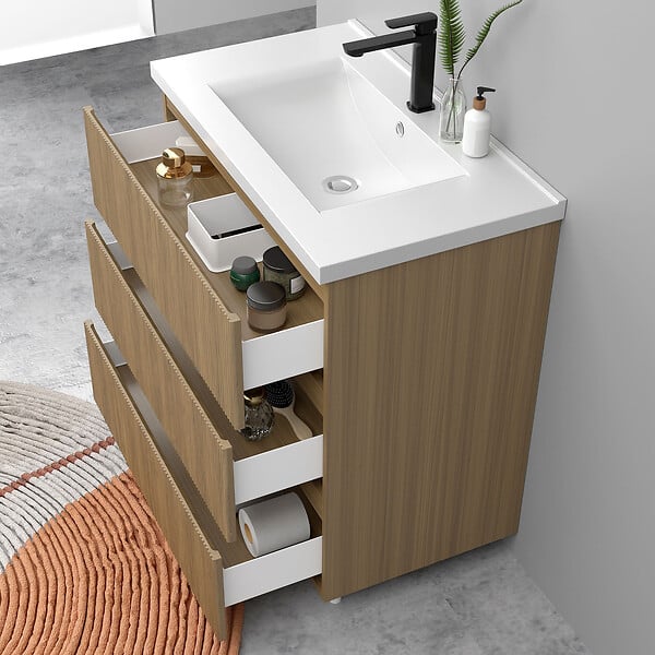 AICA SANITAIRE - Meuble de salle de bain suspendu Strié 80cm avec simple vasque + 3 tiroirs, Noyer - large