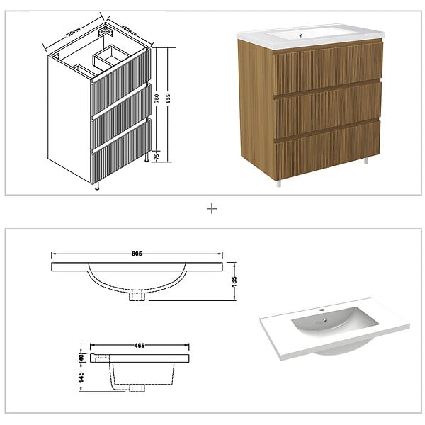 AICA SANITAIRE - Meuble de salle de bain suspendu Strié 80cm avec simple vasque + 3 tiroirs, Noyer - large