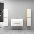 AICA SANITAIRE - AICA Ensemble Meuble Salle de Bain Brillant Suspendu 100cm, Blanc + Chêne, Meuble 2 tiroirs + Lavabo + 2Colonne - vignette