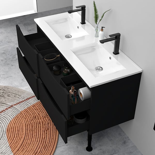 AICA SANITAIRE - Meuble de salle de bain suspendu 120cm avec pieds + double vasque + 4 tiroirs, Noir - large