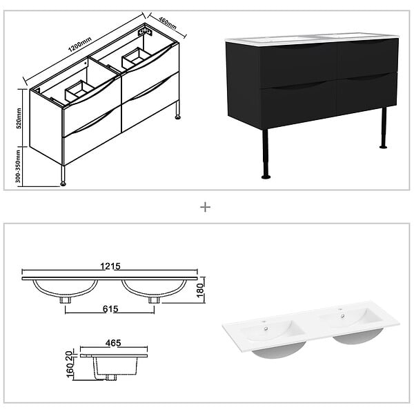 AICA SANITAIRE - Meuble de salle de bain suspendu 120cm avec pieds + double vasque + 4 tiroirs, Noir - large