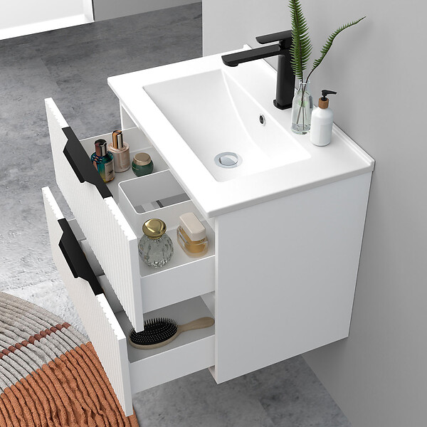 AICA SANITAIRE - Meuble de salle de bain suspendu Strié 60cm avec poignées + simple vasque + 2 tiroirs, Blanc - large