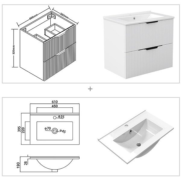 AICA SANITAIRE - Meuble de salle de bain suspendu Strié 60cm avec poignées + simple vasque + 2 tiroirs, Blanc - large