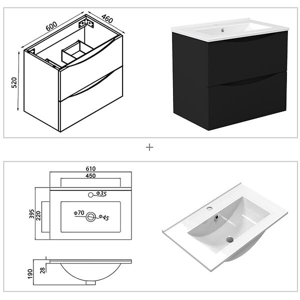 AICA SANITAIRE - Meuble de salle de bain suspendu 60cm avec simple vasque + 2 tiroirs, Noir - large