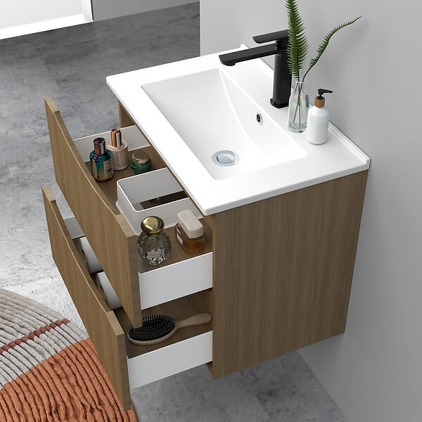 AICA SANITAIRE - Meuble de salle de bain suspendu 60cm avec simple vasque + 2 tiroirs, Noyer - large
