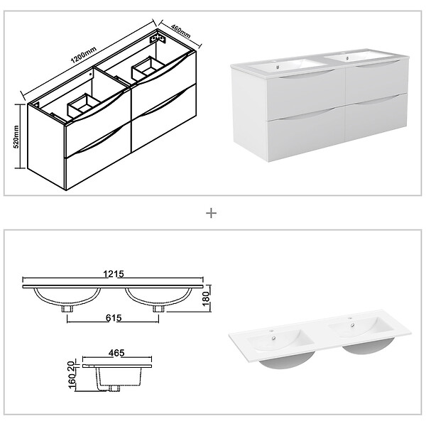 AICA SANITAIRE - Meuble de salle de bain suspendu 120cm avec double vasque + 4 tiroirs, Blanc - large