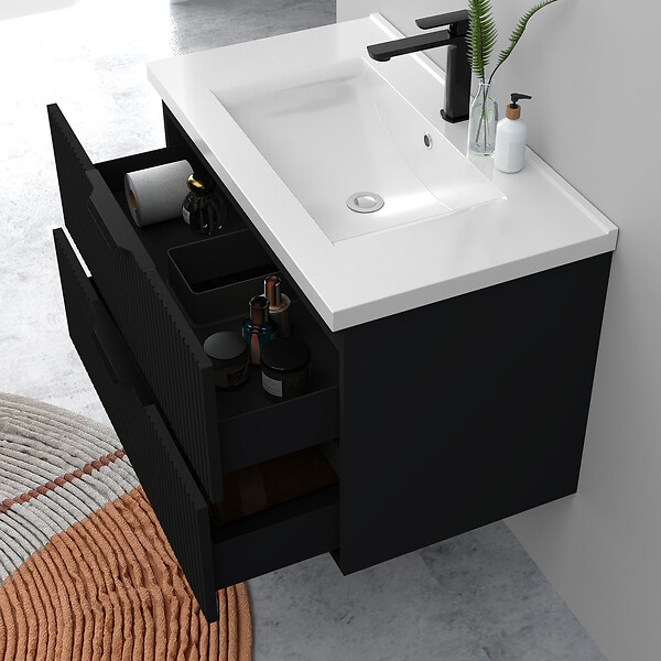 AICA SANITAIRE - Meuble de salle de bain suspendu Strié 80cm avec poignées + simple vasque + 2 tiroirs, Noir - large