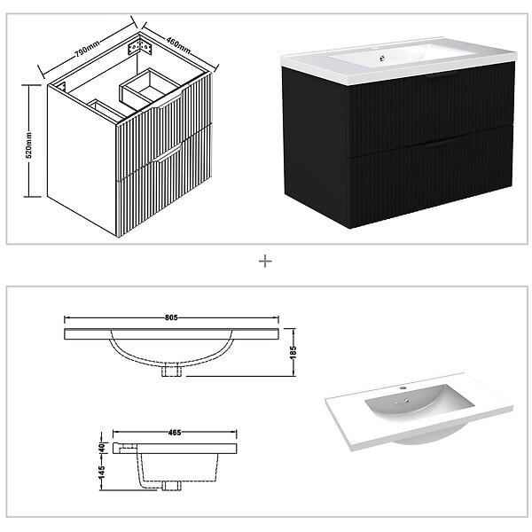 AICA SANITAIRE - Meuble de salle de bain suspendu Strié 80cm avec poignées + simple vasque + 2 tiroirs, Noir - large