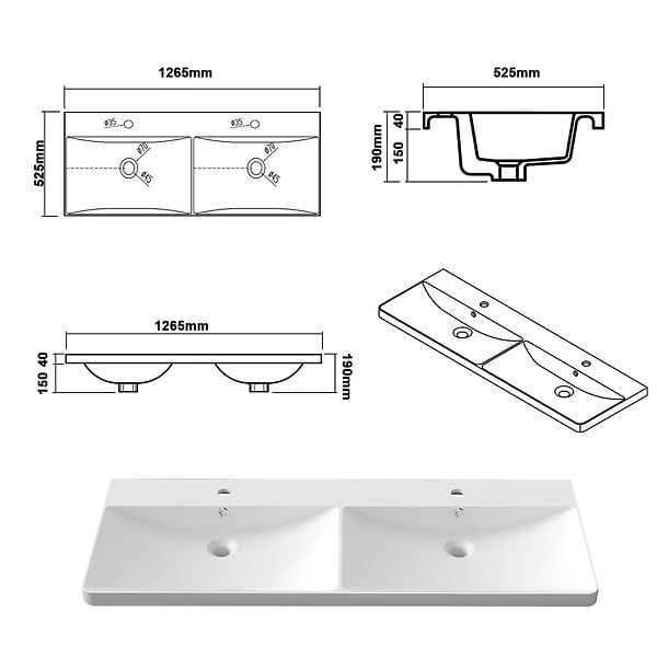 AICA SANITAIRE - AICA Ensemble Meuble Salle de Bain Brillant Suspendu 120cm, Blanc + Chêne, Meuble 4 tiroirs + Lavabo + Miroir LED + 2Colonne - large