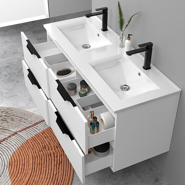 AICA SANITAIRE - Meuble de salle de bain suspendu Strié 120cm avec poignées + double vasque + 4 tiroirs, Blanc - large