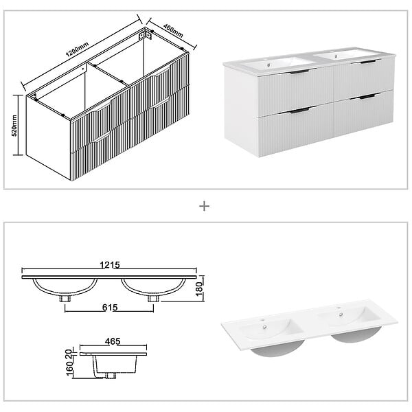 AICA SANITAIRE - Meuble de salle de bain suspendu Strié 120cm avec poignées + double vasque + 4 tiroirs, Blanc - large