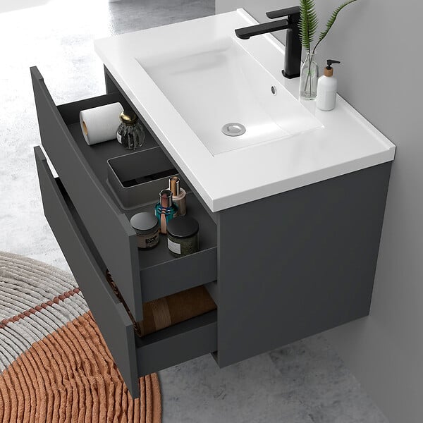 AICA SANITAIRE - Meuble de salle de bain suspendu 80cm avec simple vasque + 2 tiroirs, Anthracite - large