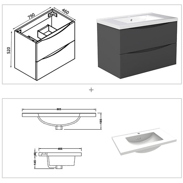 AICA SANITAIRE - Meuble de salle de bain suspendu 80cm avec simple vasque + 2 tiroirs, Anthracite - large