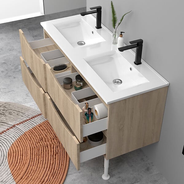 AICA SANITAIRE - Meuble de salle de bain suspendu 120cm avec pieds + double vasque + 4 tiroirs, Chêne - large