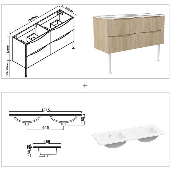 AICA SANITAIRE - Meuble de salle de bain suspendu 120cm avec pieds + double vasque + 4 tiroirs, Chêne - large