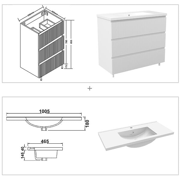 AICA SANITAIRE - Meuble de salle de bain suspendu Strié 100cm avec simple vasque + 3 tiroirs, Blanc - large