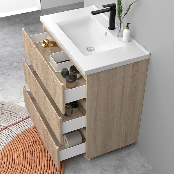 AICA SANITAIRE - Meuble de salle de bain suspendu Strié 80cm avec simple vasque + 3 tiroirs, Chêne - large