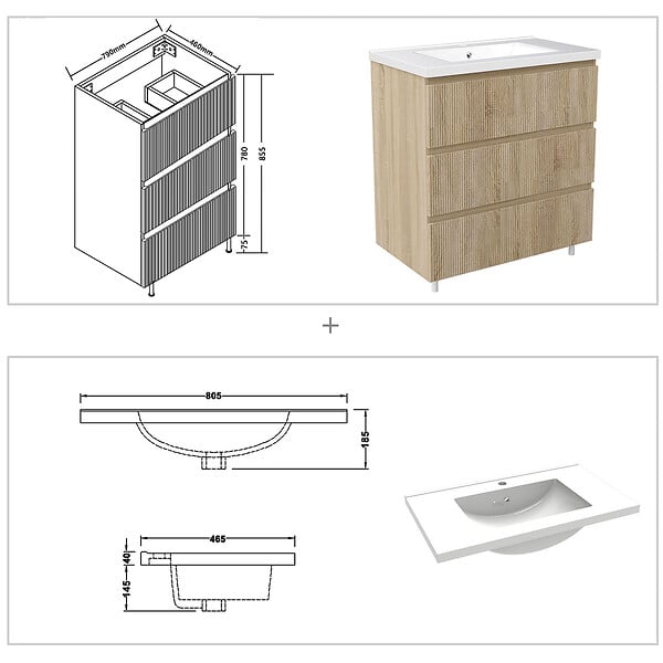 AICA SANITAIRE - Meuble de salle de bain suspendu Strié 80cm avec simple vasque + 3 tiroirs, Chêne - large