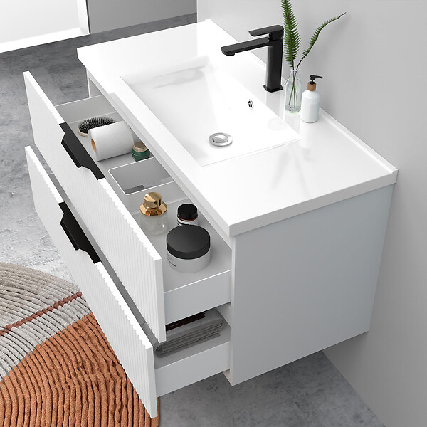 AICA SANITAIRE - Meuble de salle de bain suspendu Strié 100cm avec poignées + simple vasque + 2 tiroirs, Blanc - large