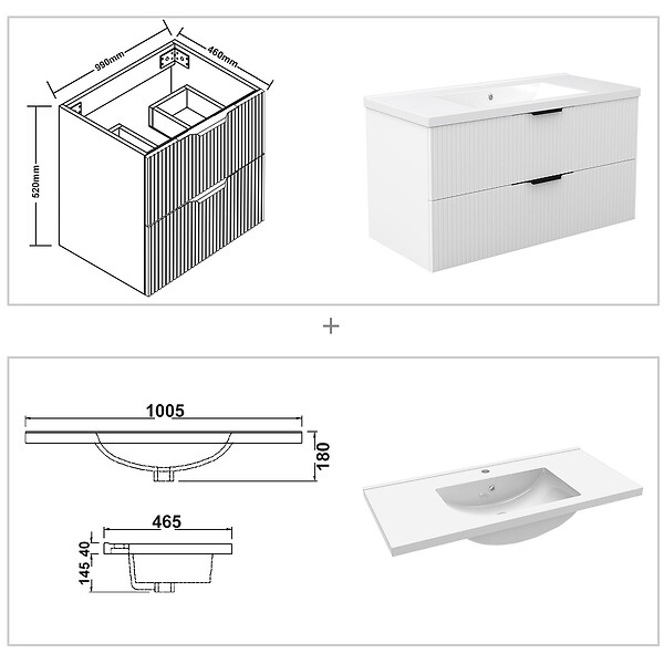 AICA SANITAIRE - Meuble de salle de bain suspendu Strié 100cm avec poignées + simple vasque + 2 tiroirs, Blanc - large