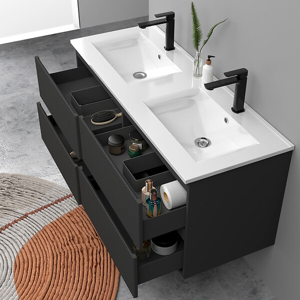 AICA SANITAIRE - Meuble de salle de bain suspendu Strié 120cm avec double vasque + 4 tiroirs, Anthracite - large