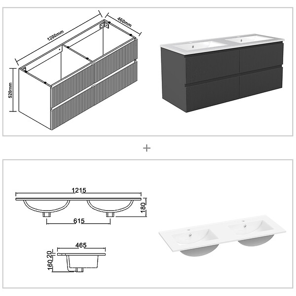 AICA SANITAIRE - Meuble de salle de bain suspendu Strié 120cm avec double vasque + 4 tiroirs, Anthracite - large