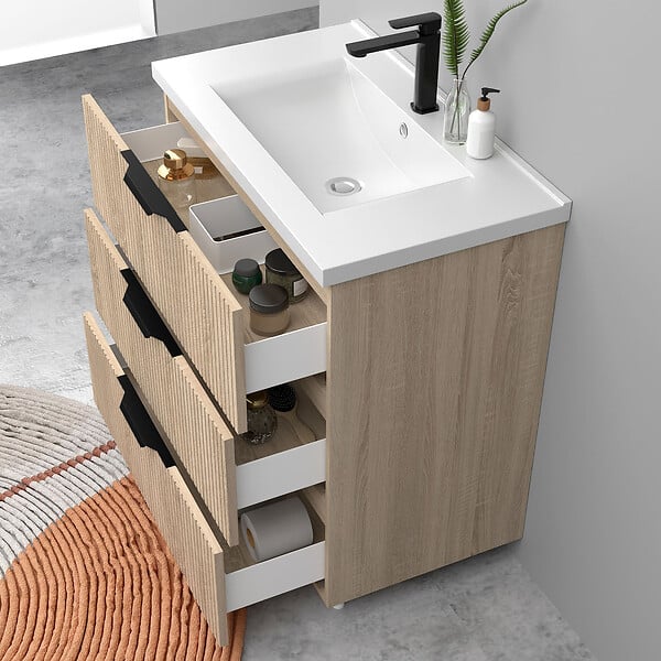 AICA SANITAIRE - Meuble de salle de bain suspendu Strié 80cm avec poignées + simple vasque + 3 tiroirs, Chêne - large