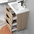 AICA SANITAIRE - Meuble de salle de bain suspendu Strié 80cm avec poignées + simple vasque + 3 tiroirs, Chêne - vignette