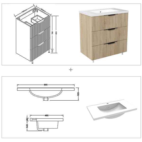 AICA SANITAIRE - Meuble de salle de bain suspendu Strié 80cm avec poignées + simple vasque + 3 tiroirs, Chêne - large