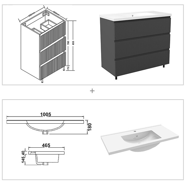 AICA SANITAIRE - Meuble de salle de bain suspendu Strié 100cm avec simple vasque + 3 tiroirs, Anthracite - large