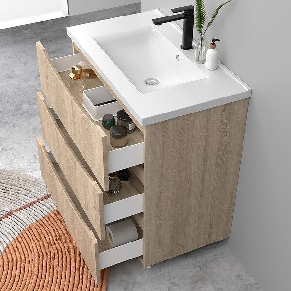 AICA SANITAIRE - Meuble de salle de bain suspendu 80cm avec simple vasque + 3 tiroirs, Chêne - large