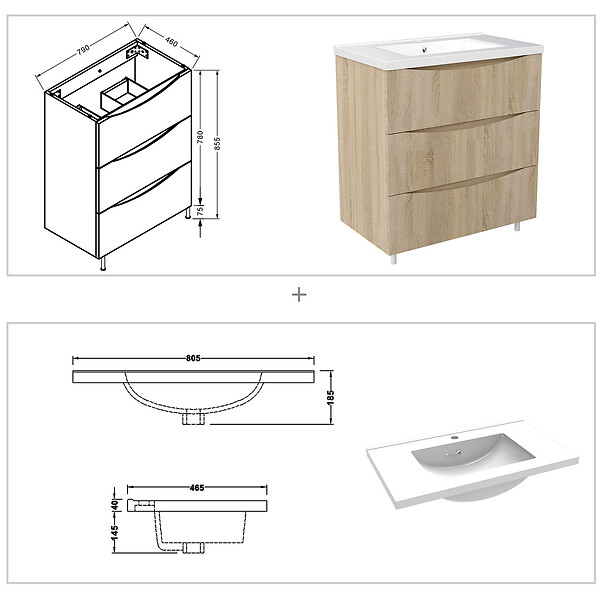 AICA SANITAIRE - Meuble de salle de bain suspendu 80cm avec simple vasque + 3 tiroirs, Chêne - large