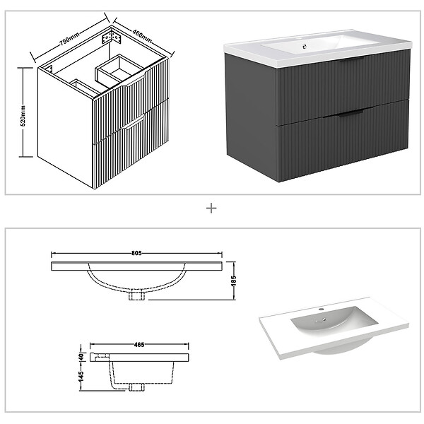 AICA SANITAIRE - Meuble de salle de bain suspendu Strié 80cm avec poignées + simple vasque + 2 tiroirs, Anthracite - large