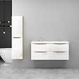 AICA SANITAIRE - AICA Ensemble Meuble Salle de Bain Brillant Suspendu 120cm, Blanc + Chêne, Meuble 4 tiroirs + Lavabo + Colonne - vignette
