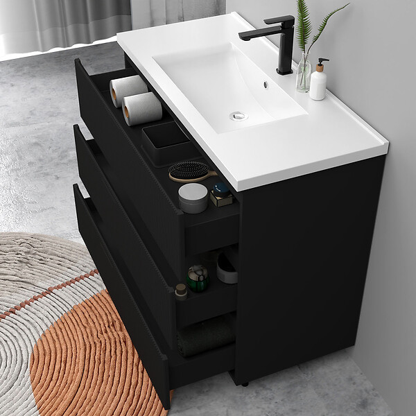 AICA SANITAIRE - Meuble de salle de bain suspendu Strié 100cm avec simple vasque + 3 tiroirs, Noir - large