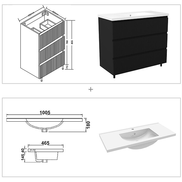 AICA SANITAIRE - Meuble de salle de bain suspendu Strié 100cm avec simple vasque + 3 tiroirs, Noir - large