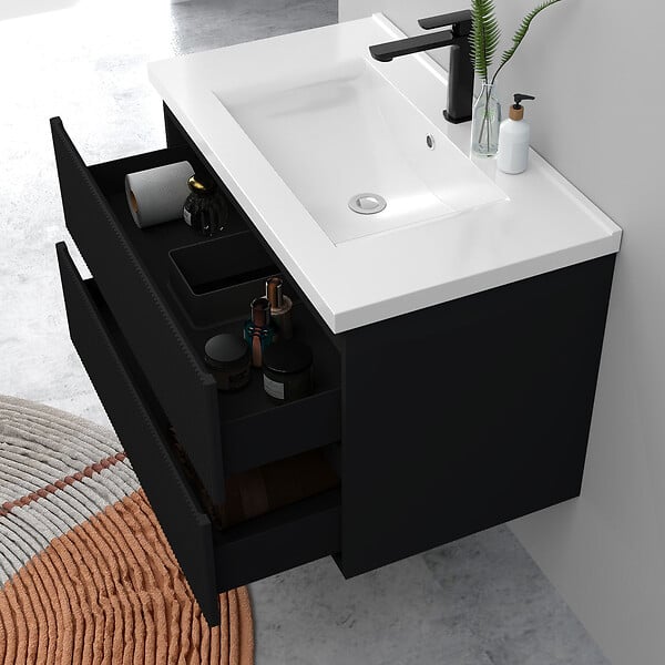 AICA SANITAIRE - Meuble de salle de bain suspendu Strié 80cm avec simple vasque + 2 tiroirs, Noir - large