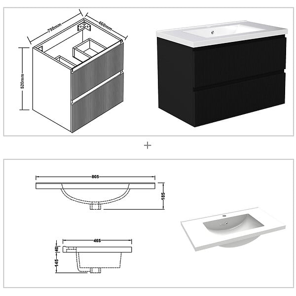 AICA SANITAIRE - Meuble de salle de bain suspendu Strié 80cm avec simple vasque + 2 tiroirs, Noir - large