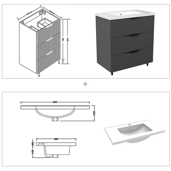 AICA SANITAIRE - Meuble de salle de bain suspendu Strié 80cm avec poignées + simple vasque + 3 tiroirs, Anthracite - large