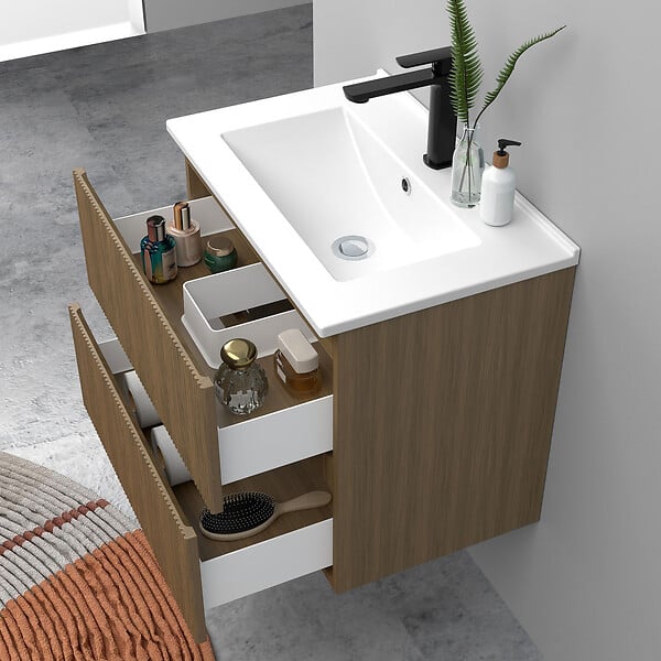 AICA SANITAIRE - Meuble de salle de bain suspendu Strié 60cm avec simple vasque + 2 tiroirs, Noyer - large