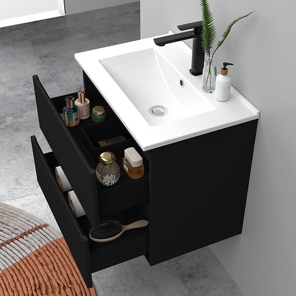 AICA SANITAIRE - Meuble de salle de bain suspendu Strié 60cm avec simple vasque + 2 tiroirs, Noir - large