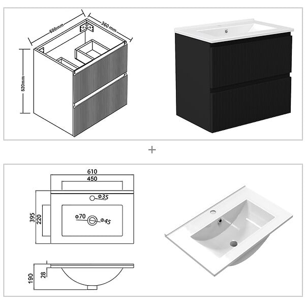 AICA SANITAIRE - Meuble de salle de bain suspendu Strié 60cm avec simple vasque + 2 tiroirs, Noir - large