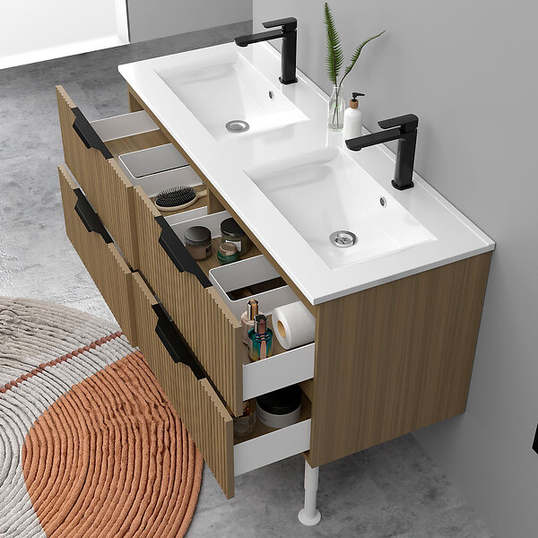 AICA SANITAIRE - Meuble de salle de bain suspendu Strié 120cm avec pieds + poignées + double vasque + 4 tiroirs, Noyer - large