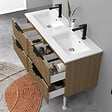 AICA SANITAIRE - Meuble de salle de bain suspendu Strié 120cm avec pieds + poignées + double vasque + 4 tiroirs, Noyer - vignette