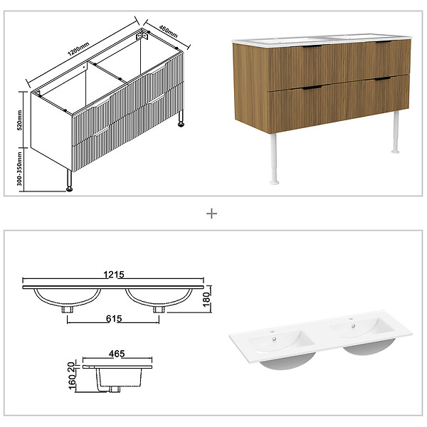 AICA SANITAIRE - Meuble de salle de bain suspendu Strié 120cm avec pieds + poignées + double vasque + 4 tiroirs, Noyer - large