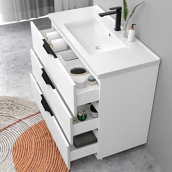 AICA SANITAIRE - Meuble de salle de bain suspendu Strié 100cm avec poignées + simple vasque + 3 tiroirs, Blanc - large