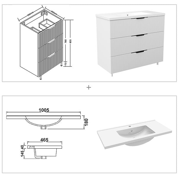AICA SANITAIRE - Meuble de salle de bain suspendu Strié 100cm avec poignées + simple vasque + 3 tiroirs, Blanc - large